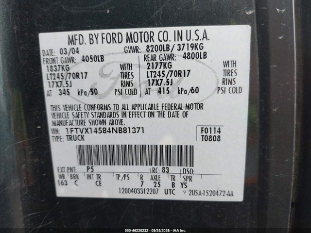 Продаж на аукціоні авто 2004 Ford F-150 Xl/xlt, vin: 1FTVX14584NB81371, номер лоту: 46220232