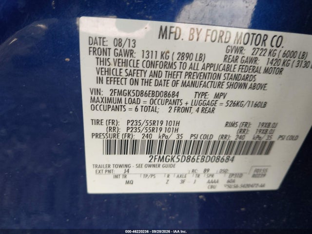46220236 :رقم المزاد ، 2FMGK5D86EBD08684 vin ، 2014 Ford Flex Limited مزاد بيع