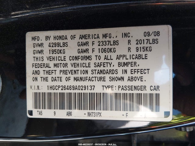 46220237 :رقم المزاد ، 1HGCP26469A029137 vin ، 2009 Honda Accord 2.4 Lx-p مزاد بيع