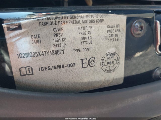 46220238 :رقم المزاد ، 1G2MG35X47Y134871 vin ، 2007 Pontiac Solstice Gxp مزاد بيع
