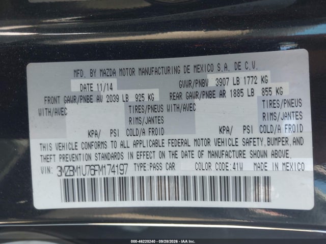 Aukcja sprzedaży 2015 Mazda Mazda3 I Sport, vin: 3MZBM1U76FM174197, numer aukcji: 46220240