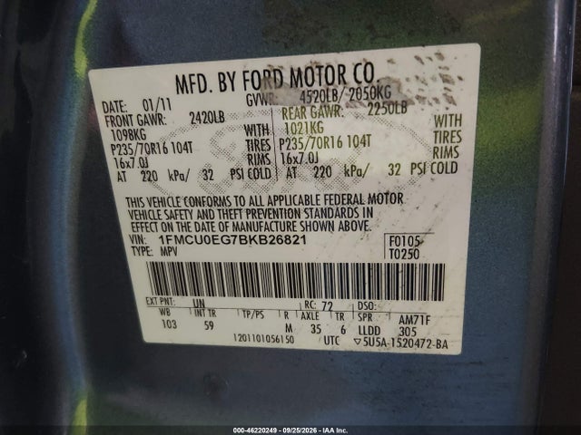 2011 Ford Escape Limited მანქანა იყიდება აუქციონზე, vin: 1FMCU0EG7BKB26821, აუქციონის ნომერი: 46220249