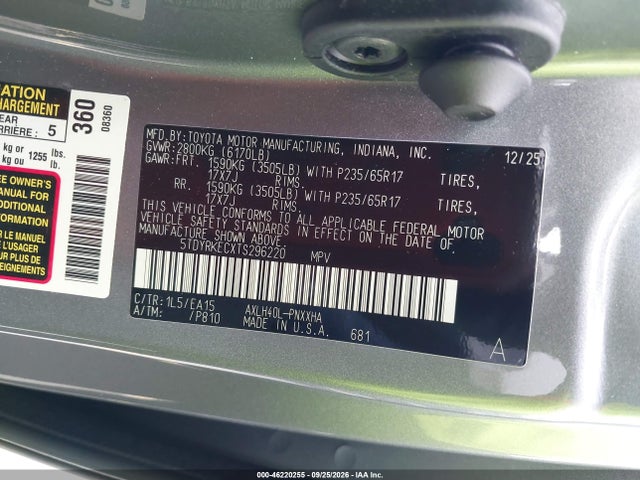 Продаж на аукціоні авто 2026 Toyota Sienna Xle, vin: 5TDYRKECXTS296220, номер лоту: 46220255
