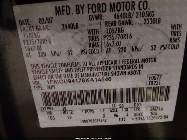 46220258 :رقم المزاد ، 1FMCU94178KA14546 vin ، 2008 Ford Escape Limited مزاد بيع