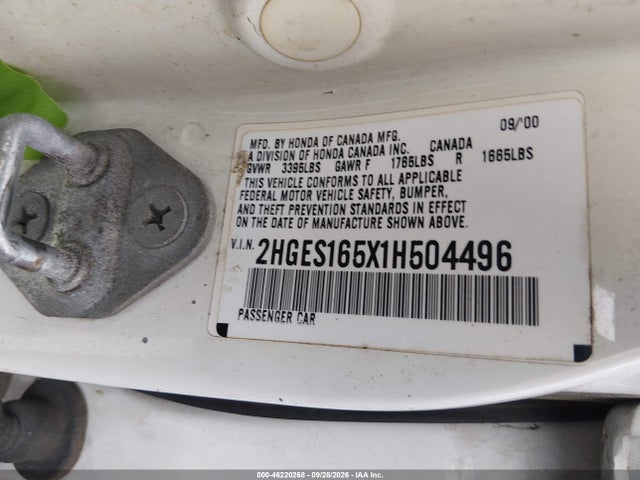Aukcja sprzedaży 2001 Honda Civic Lx, vin: 2HGES165X1H504496, numer aukcji: 46220268
