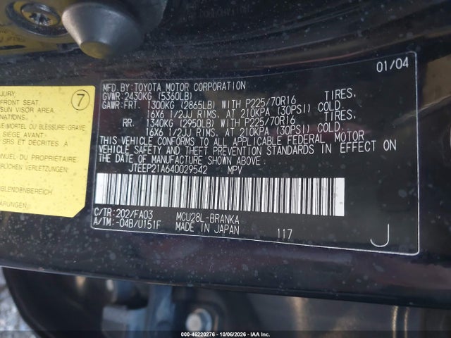 Aukcja sprzedaży 2004 Toyota Highlander V6, vin: JTEEP21A640029542, numer aukcji: 46220276