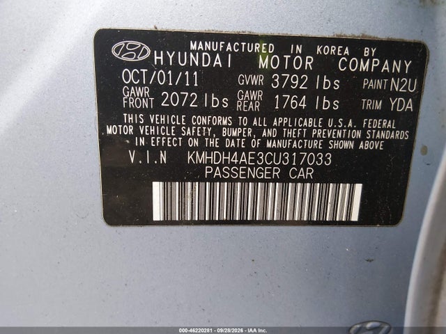 Продажа на аукционе авто 2012 Hyundai Elantra Gls (ulsan Plant), vin: KMHDH4AE3CU317033, номер лота: 46220281