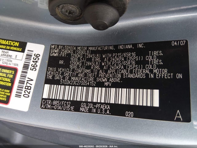 Aukcja sprzedaży 2007 Toyota Sienna Le, vin: 5TDZK23C27S054152, numer aukcji: 46220282