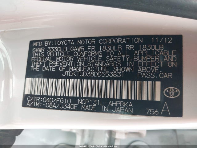 Aukcja sprzedaży 2013 Toyota Yaris Le, vin: JTDKTUD38DD553831, numer aukcji: 46220309