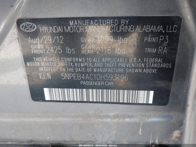 Aukcja sprzedaży 2013 Hyundai Sonata Gls, vin: 5NPEB4AC1DH593196, numer aukcji: 46220312