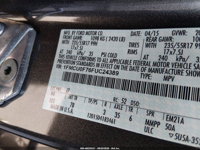 46220331 :رقم المزاد ، 1FMCU0F76FUC24389 vin ، 2015 Ford Escape S مزاد بيع