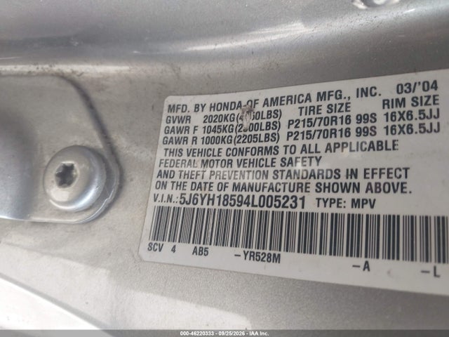 46220333 :رقم المزاد ، 5J6YH18594L005231 vin ، 2004 Honda Element Ex مزاد بيع