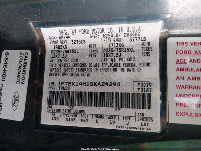 46220345 :رقم المزاد ، 1FTEX14H1SKA24290 vin ، 1995 Ford F150 مزاد بيع