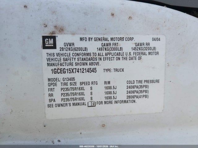 Продажа на аукционе авто 2004 Chevrolet Express, vin: 1GCEG15X741214545, номер лота: 46220358