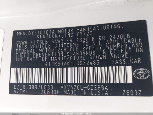 2020 Toyota Camry Xse მანქანა იყიდება აუქციონზე, vin: 4T1K61AK1LU972485, აუქციონის ნომერი: 46220359