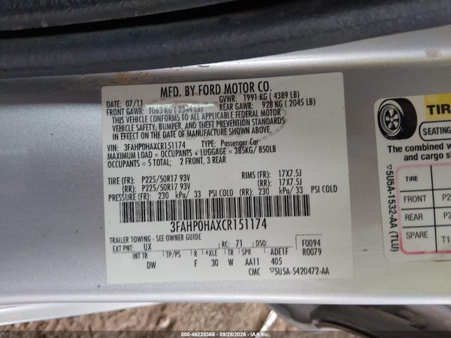 Aukcja sprzedaży 2012 Ford Fusion Se, vin: 3FAHP0HAXCR151174, numer aukcji: 46220366