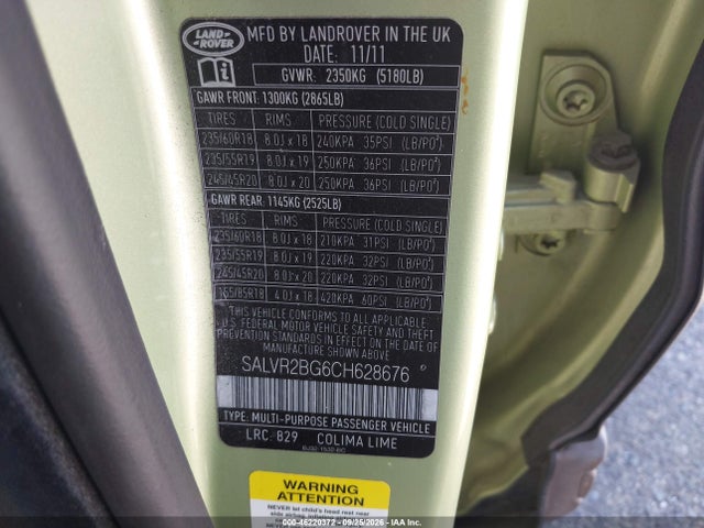 Aukcja sprzedaży 2012 Land Rover Range Rover Evoque Pure Plus, vin: SALVR2BG6CH628676, numer aukcji: 46220372