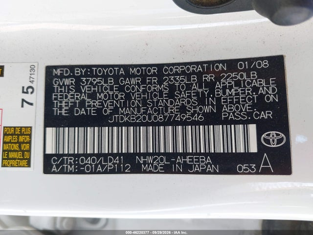2008 Toyota Prius მანქანა იყიდება აუქციონზე, vin: JTDKB20U087749546, აუქციონის ნომერი: 46220377