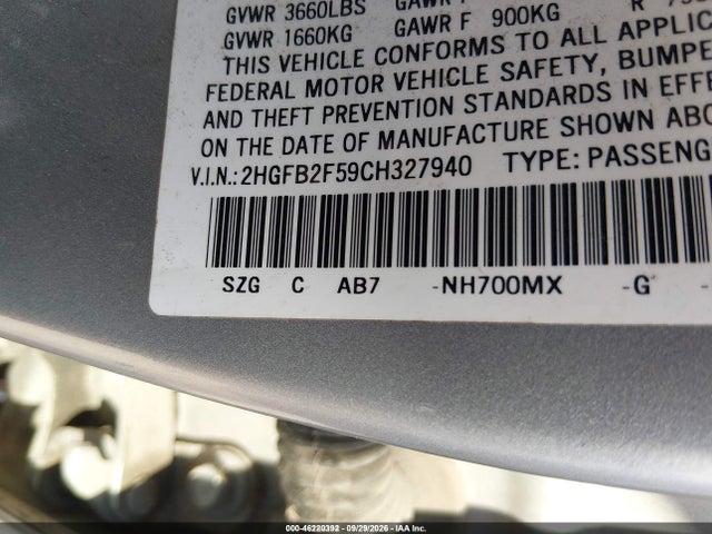 46220392 :رقم المزاد ، 2HGFB2F59CH327940 vin ، 2012 Honda Civic Lx مزاد بيع