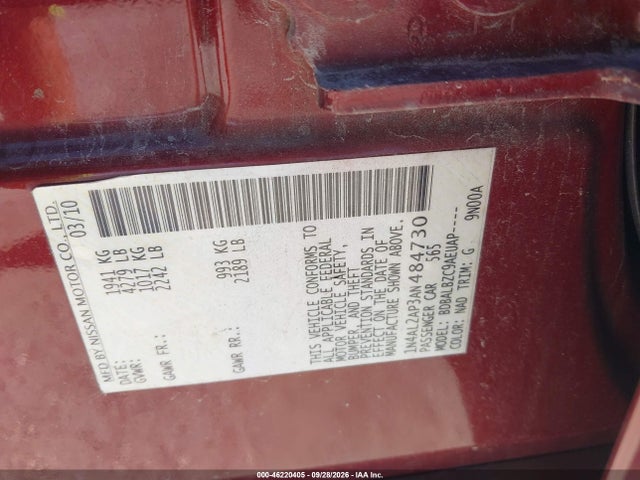 Aukcja sprzedaży 2010 Nissan Altima 2.5 S, vin: 1N4AL2AP3AN484730, numer aukcji: 46220405