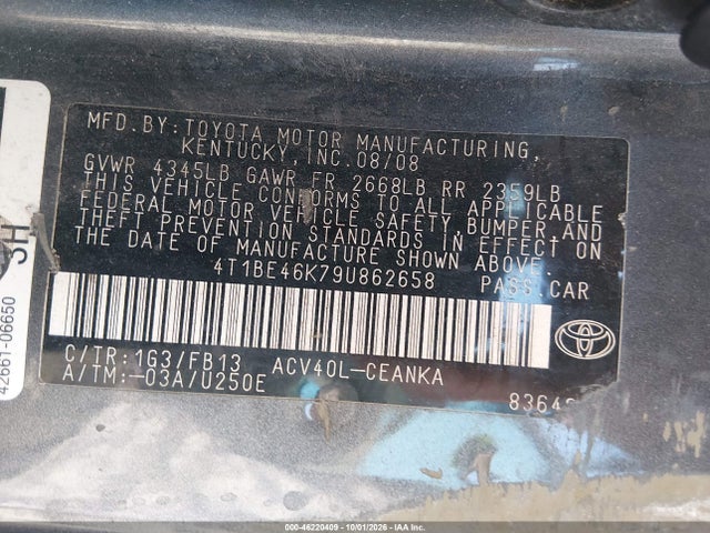 46220409 :رقم المزاد ، 4T1BE46K79U862658 vin ، 2009 Toyota Camry Le مزاد بيع
