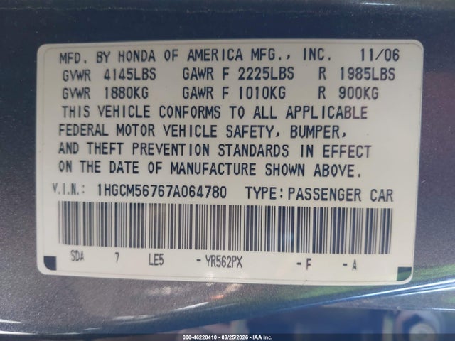 46220410 :رقم المزاد ، 1HGCM56767A064780 vin ، 2007 Honda Accord 2.4 Ex مزاد بيع