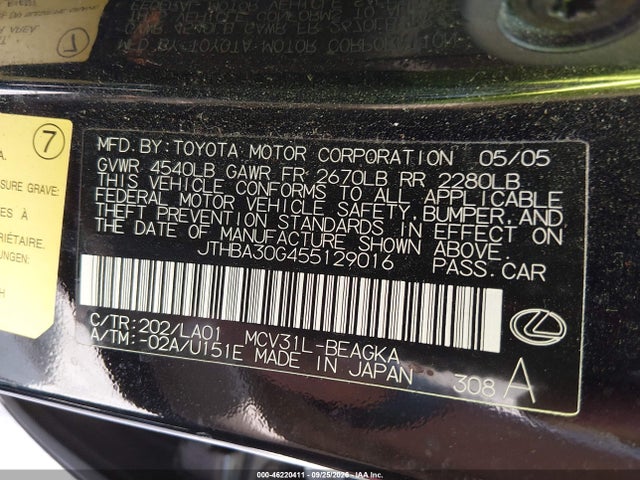 46220411 :رقم المزاد ، JTHBA30G455129016 vin ، 2005 Lexus Es 330 مزاد بيع