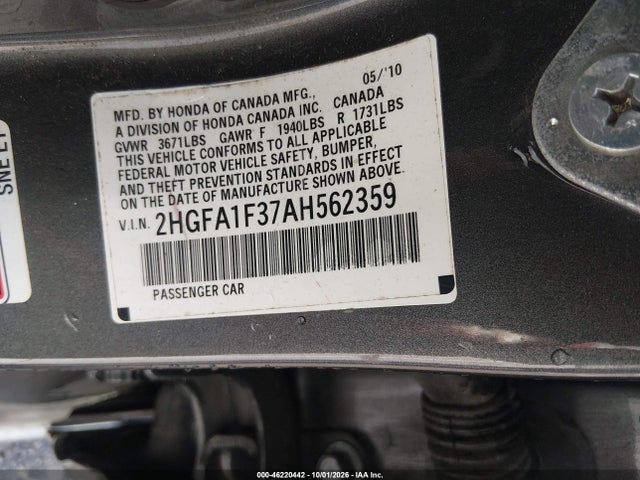 Aukcja sprzedaży 2010 Honda Civic Vp, vin: 2HGFA1F37AH562359, numer aukcji: 46220442
