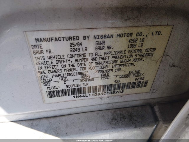 2005 Nissan Altima 2.5 S მანქანა იყიდება აუქციონზე, vin: 1N4AL11D85C188233, აუქციონის ნომერი: 46220448