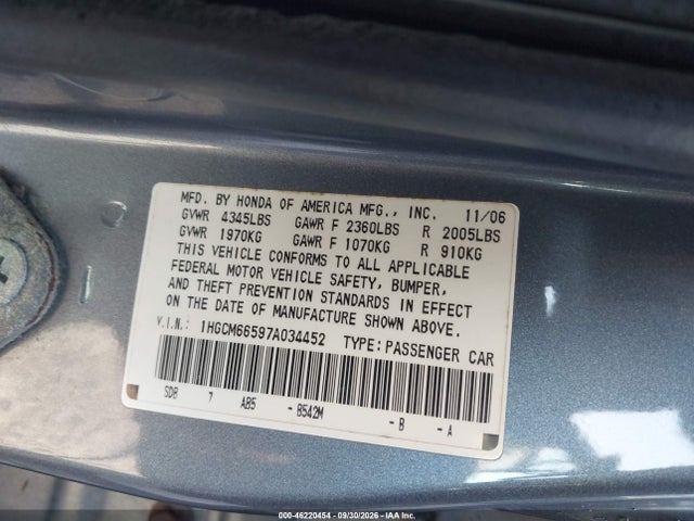 Aukcja sprzedaży 2007 Honda Accord 3.0 Ex, vin: 1HGCM66597A034452, numer aukcji: 46220454