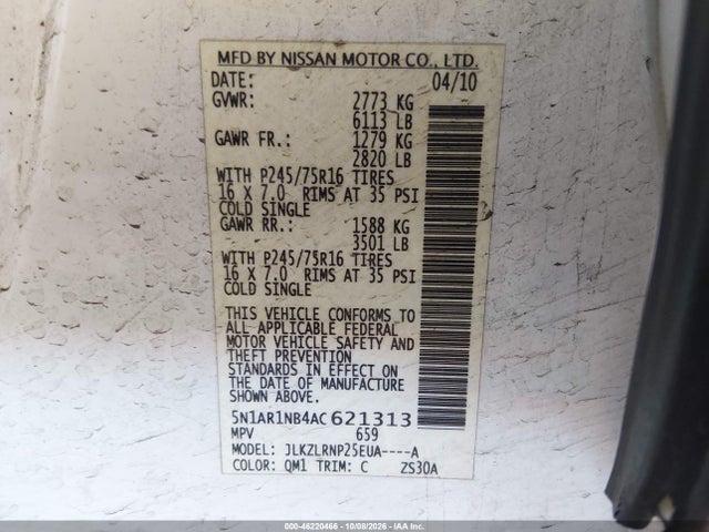 Продаж на аукціоні авто 2010 Nissan Pathfinder S, vin: 5N1AR1NB4AC621313, номер лоту: 46220466