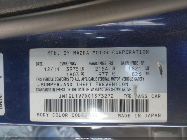 Auction sale of the 2012 Mazda Mazda3 I Touring, vin: JM1BL1V7XC1573272, lot number: 46220467