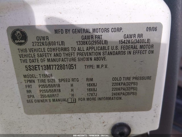 2007 Saab 9-7x 5.3i მანქანა იყიდება აუქციონზე, vin: 5S3ET13M772801051, აუქციონის ნომერი: 46220472