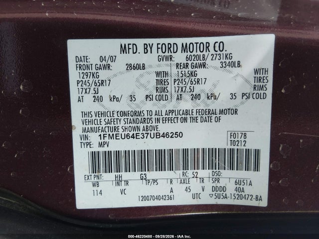 46220480 :رقم المزاد ، 1FMEU64E37UB46250 vin ، 2007 Ford Explorer Eddie Bauer مزاد بيع