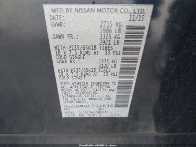 46220489 :رقم المزاد ، 5N1AL0MMXFC554836 vin ، 2015 Infiniti Qx60 مزاد بيع