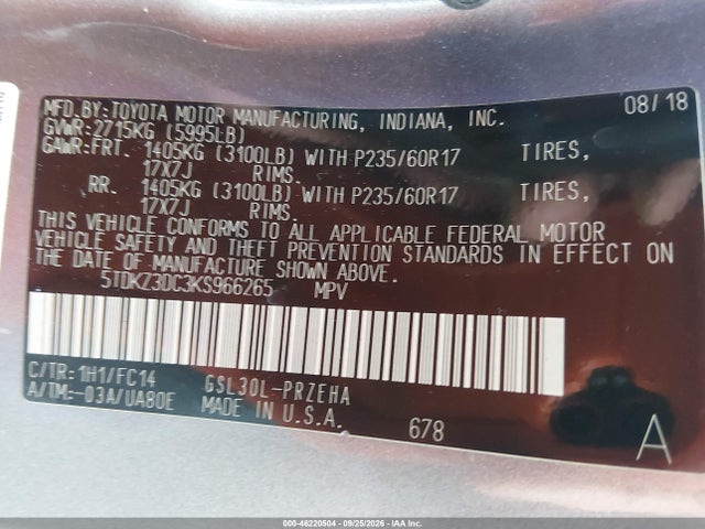 2019 Toyota Sienna Le 8 Passenger მანქანა იყიდება აუქციონზე, vin: 5TDKZ3DC3KS966265, აუქციონის ნომერი: 46220504