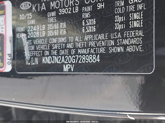 46220516 :رقم المزاد ، KNDJN2A20G7289884 vin ، 2016 Kia Soul مزاد بيع