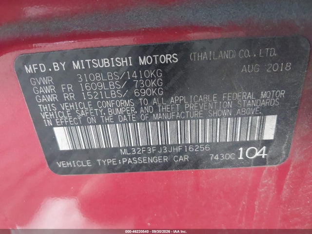Aukcja sprzedaży 2018 Mitsubishi Mirage G4 Es, vin: ML32F3FJ3JHF16256, numer aukcji: 46220540