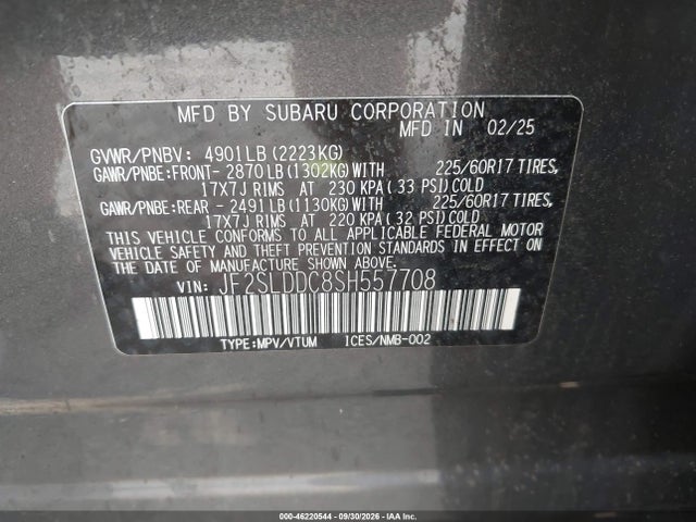 2025 Subaru Forester Premium მანქანა იყიდება აუქციონზე, vin: JF2SLDDC8SH557708, აუქციონის ნომერი: 46220544