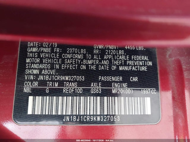 46220545 :رقم المزاد ، JN1BJ1CR9KW327053 vin ، 2019 Nissan Rogue Sport S مزاد بيع