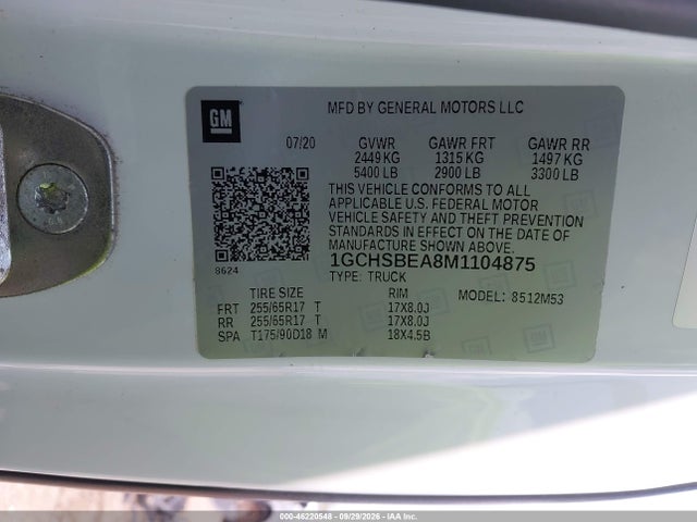 2021 Chevrolet Colorado 2wd  Long Box Wt მანქანა იყიდება აუქციონზე, vin: 1GCHSBEA8M1104875, აუქციონის ნომერი: 46220548