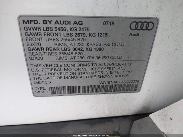 2018 Audi Q5 2.0t Premium/2.0t Tech Premium მანქანა იყიდება აუქციონზე, vin: WA1BNAFY2J2222276, აუქციონის ნომერი: 46220569