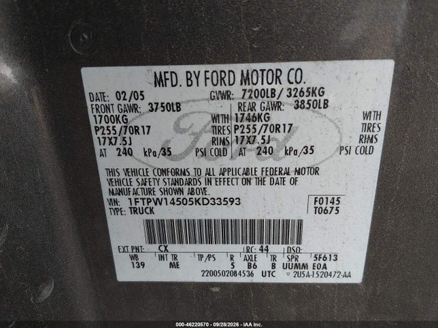 Продаж на аукціоні авто 2005 Ford F-150 Fx4/lariat/xlt, vin: 1FTPW14505KD33593, номер лоту: 46220570