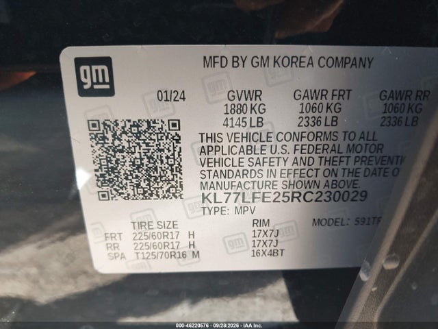 Продажа на аукционе авто 2024 Chevrolet Trax Fwd Sp, vin: KL77LFE25RC230029, номер лота: 46220576