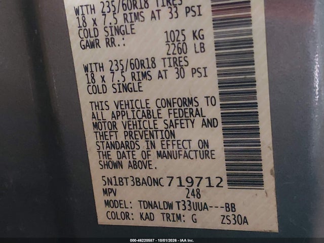 5N1BT3BA0NC719712 Nissan Rogue Sv Fwd