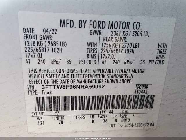 Продажа на аукционе авто 2022 Ford Maverick Xlt, vin: 3FTTW8F96NRA59092, номер лота: 46220589