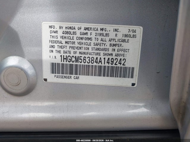 Продаж на аукціоні авто 2004 Honda Accord 2.4 Lx, vin: 1HGCM56384A149242, номер лоту: 46220599