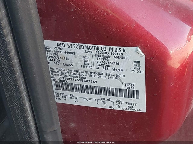 Продажа на аукционе авто 2003 Ford F-250 Lariat/xl/xlt, vin: 1FTNX21L53EB87569, номер лота: 46220604