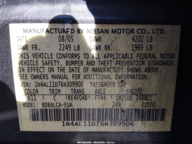 Продаж на аукціоні авто 2006 Nissan Altima 2.5 S, vin: 1N4AL11D76N309906, номер лоту: 46220606