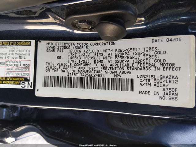 2005 Toyota 4runner Limited V8 მანქანა იყიდება აუქციონზე, vin: JTEBT17R258024654, აუქციონის ნომერი: 46220617
